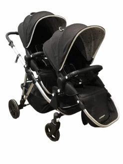 Mockingbird Double Stroller, 2020, Silver With Black Leather, Watercolor Drops And Windowpane , Black