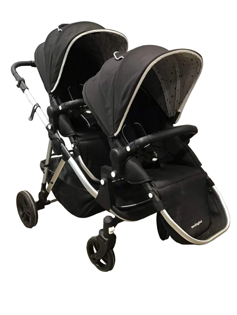 Mockingbird Double Stroller, 2020, Silver With Black Leather, Watercolor Drops And Windowpane , Black 1 Mockingbird Double Stroller, 2020, Silver With Black Leather, Watercolor Drops And Windowpane , Black